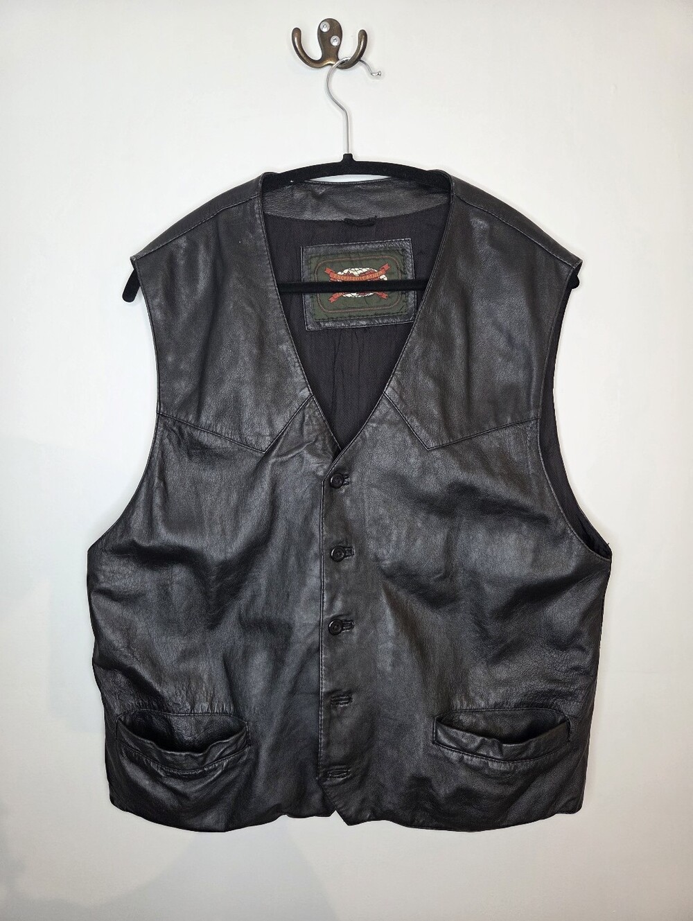 Vintage Button Front Black Leather Motorcycle Vest Size Large